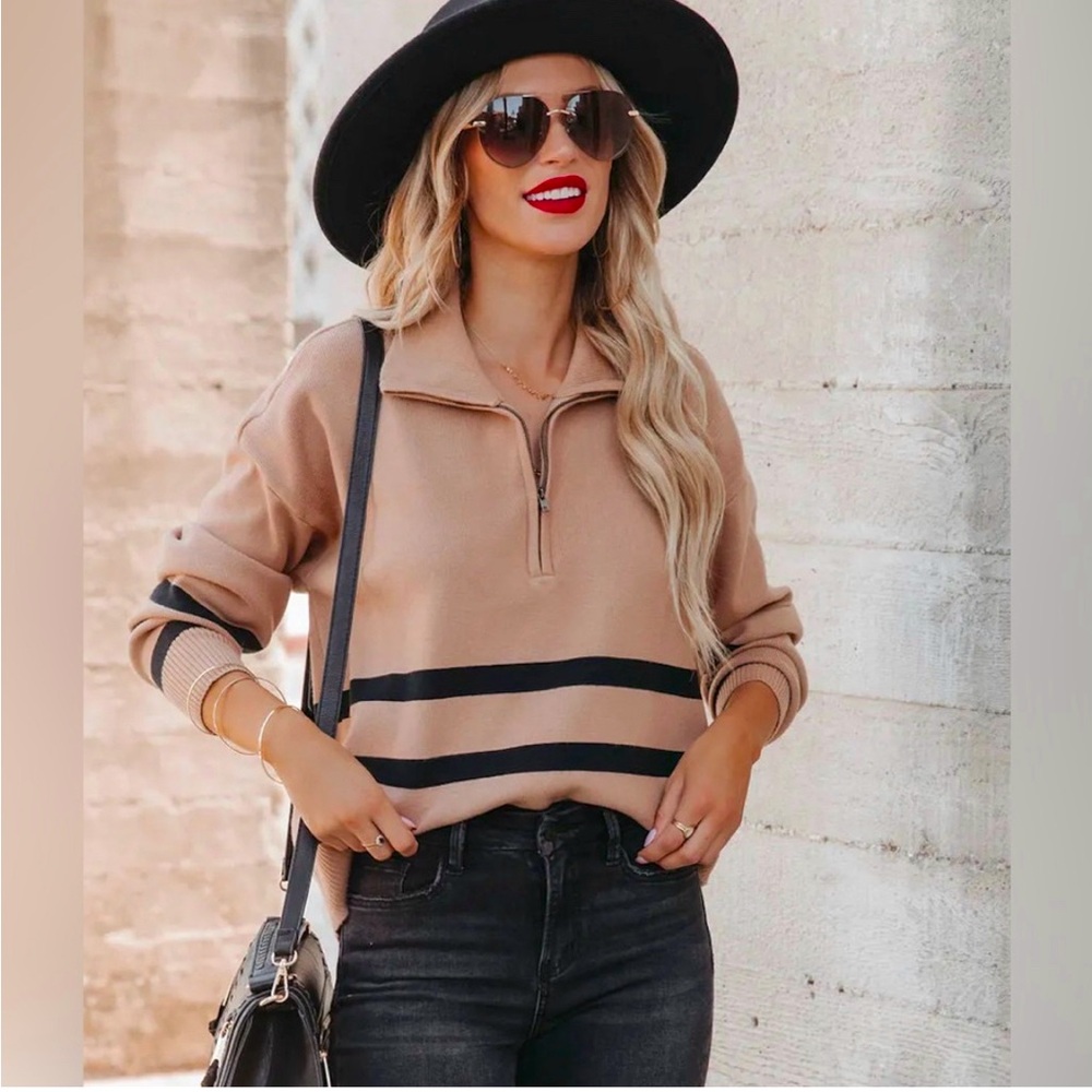 Vici // Marney Striped Half Zip Pullover Sweater in Camel